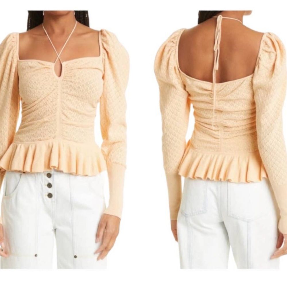 NWT Ulla‎ Johnson | Leland Puff Sleeve Peplum Halter Top Honey Peach Size L Knit
